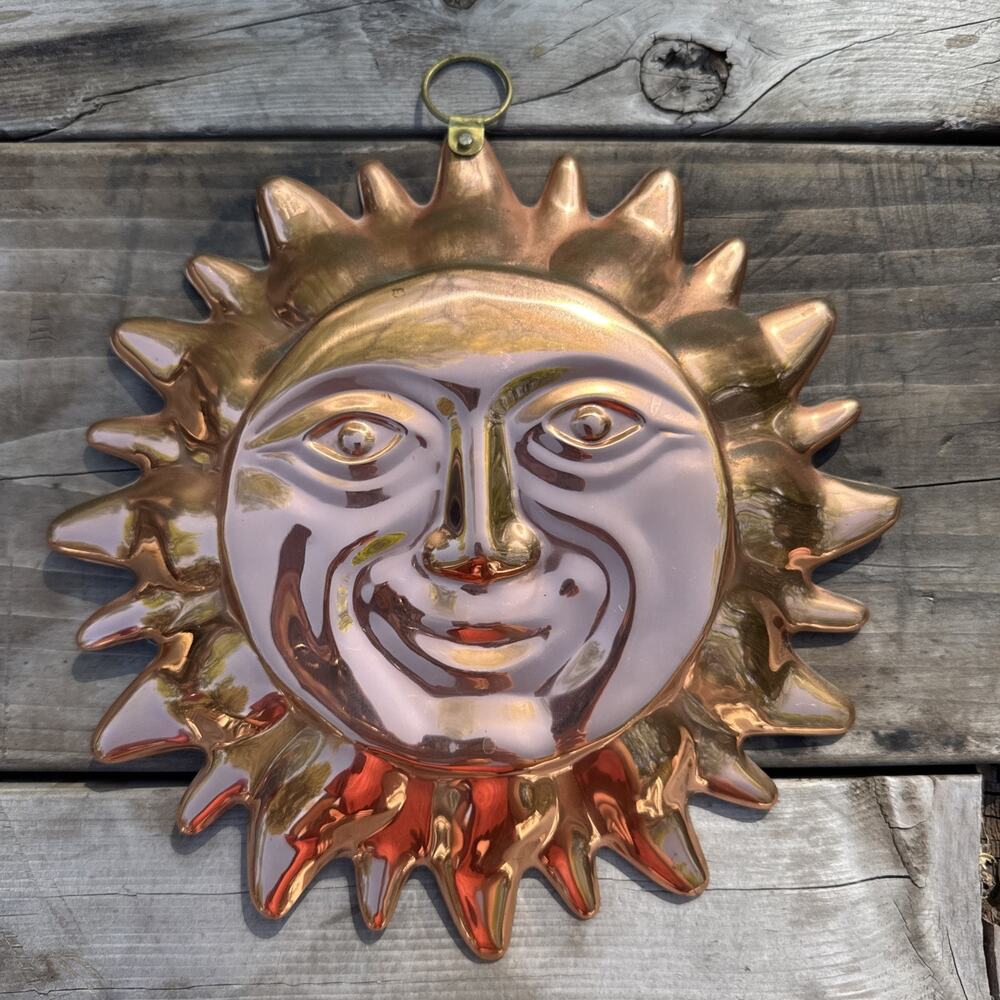 Vintage 90s Copper Sun Face Wall Hanging Mold Y2K Celestial Decor 10"